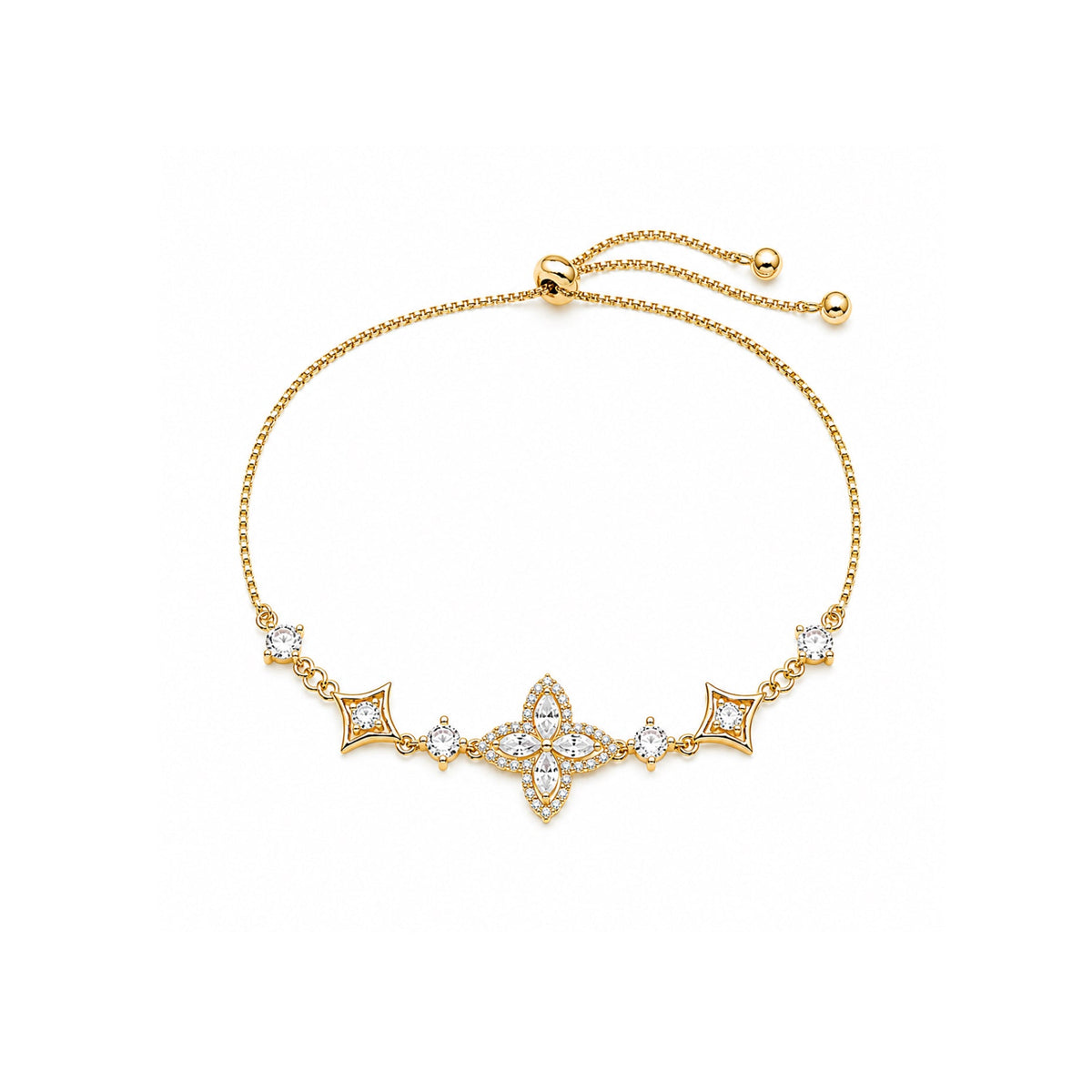 Iris Bloom Zircon Bracelet in gold-tone metal, with sparkling clear stones, floral motifs and an adjustable chain.