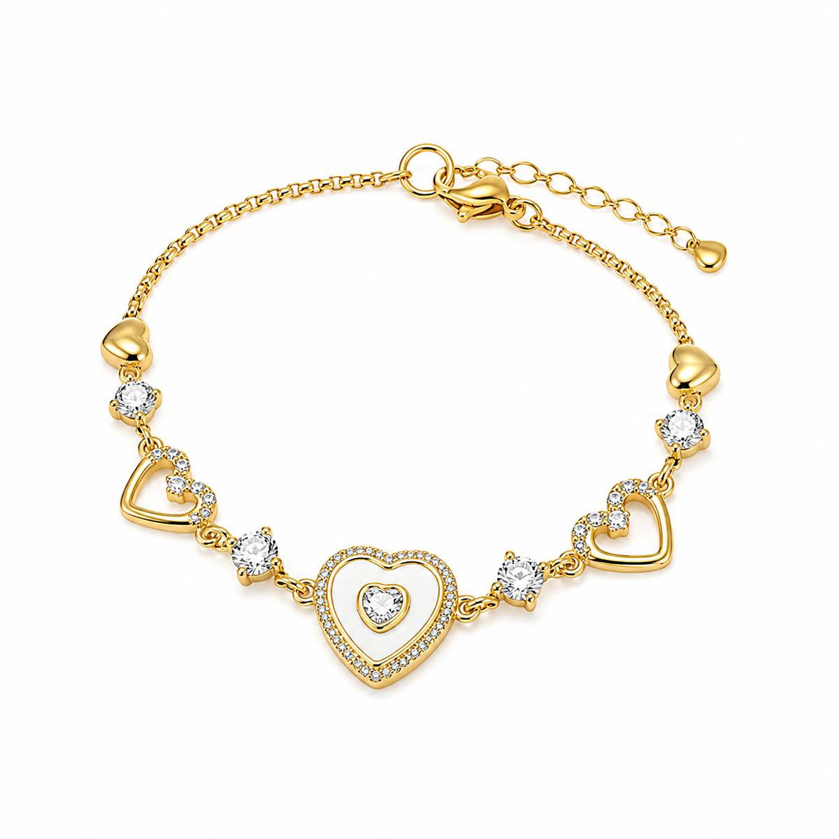 Sweet Holiday Heart Bracelet in gold-tone metal with clear sparkling stones, featuring a large outlined heart charm and smaller heart details.